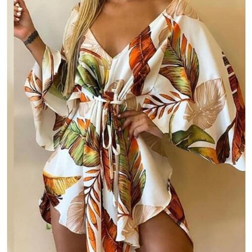 2021 Summer New Stylish Hawaii Beach Asymmetrical Hem Mini Dress Tropical Print Sexy Tie Front V Neck Women Dress Beachwear