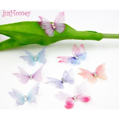 100PCS Double-layered Organza Butterfly Appliques 30mm Silk Butterflies w/ Rhinestone for DIY Jewelry Making, Choker, Hair Clips