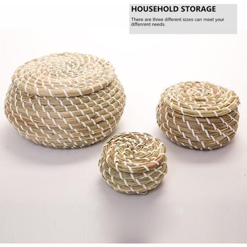 3pcs 1 Set Straw Hand Woven Storage Baskets Wicker Baskets With Lid Woven Basket Desktop Organizer Sundries Organizer (Assorted)
