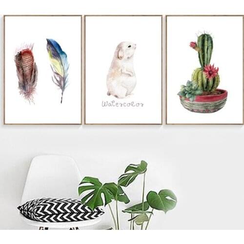 Watercolor Rabbit Colorful Feather Cactus Wall Art Canvas Painting Nordic Posters And Prints Wall Pictures Baby Kids Room Decor