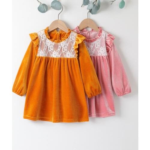 18M-6Y Toddler Girls Velvet Dress Solid Color Lace Stitching Long Fly Sleeve A-line Dress Round Collar Loose Casual Mid Dress