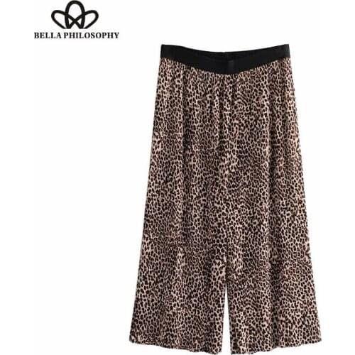 Bella Philosophy 2018 Vintage Leopard Print Pleated Cropped Wide Leg Pants Elastic Waist Lady Calf Trousers Pantalones Mujer