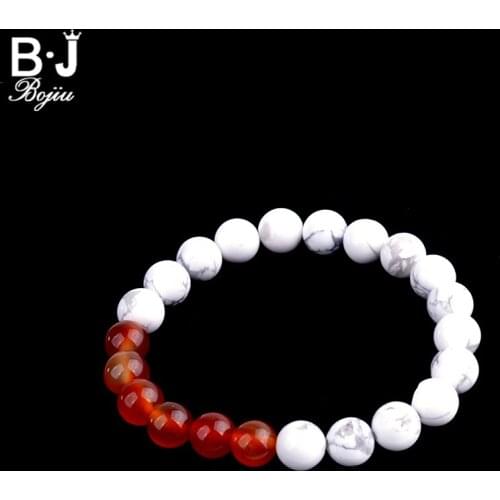 BOJIU Simple White Howlite Beads Mixed Ag. Colored Bead Women Casual Strand Bracelet 1cm Charms Bracelets BC132