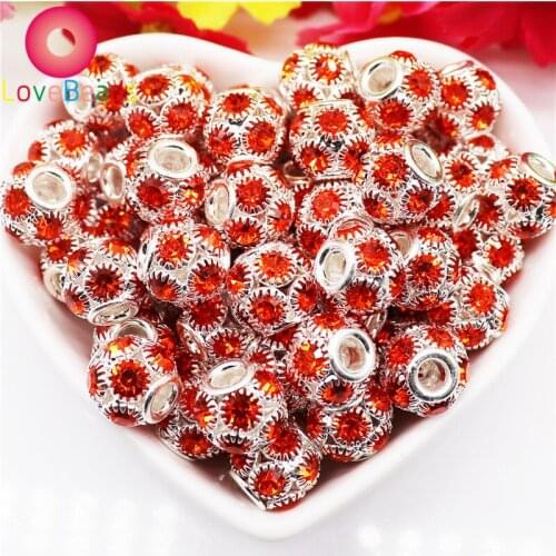 10Pcs Glass Crystal Inlayed Round Ball Silver Plated Large Hole Muranos Spacer Loose Beads Fit Pandora Bracelet Bangle Jewelry