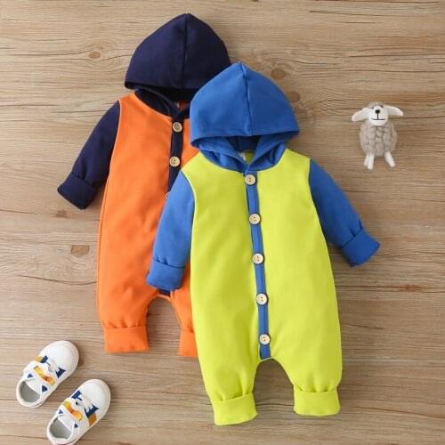 Cotton Baby Boy Clothes Patchwork Single Breasted Long Sleeve Hooded Baby Romper Warm Baby Girl Clothes Winter Bodysuit 0-18M