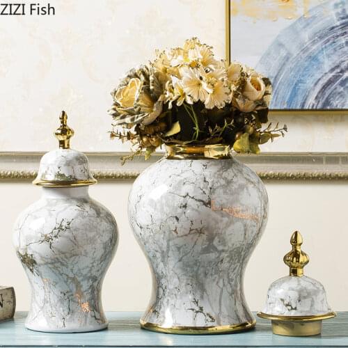 Marble Texture Ceramic Vase Gilded General Jar Tall Floor Vases for Living Room Classical Storage Tank Vintage Home Decoration