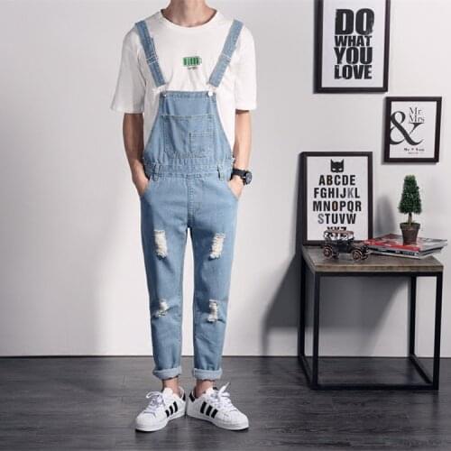 Mens Bib Denim Overall Casual Blue Ripped Jeans Jumpsuit for Men Ankle Romper Jumpsuit Men Hip Hop Suspender Jean Pants