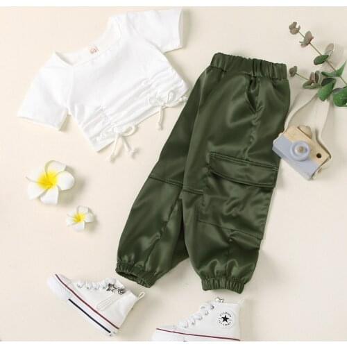 2Pcs Toddlers Infant Summer Tracksuits Clothes Solid Color Square Neck Short Sleeves Crop Tops+Cargo Pants Suit for Kids Girls