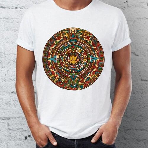 Summer Mens Short Sleeve t-shirt Aztec Calendar Tshirt Artsy Tshirt Cool Tees Tops Harajuku Streetwear