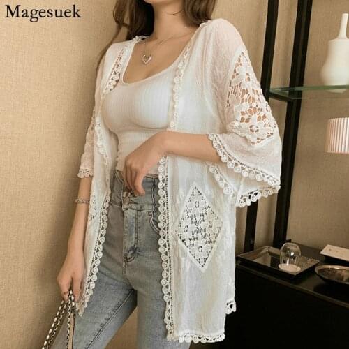 Summer Knitted Lace Sunscreen Shirt Cardigan Short Sleeve Air Conditioning Long Shirt Hollow Floral Vacation Womens Shirt 13672