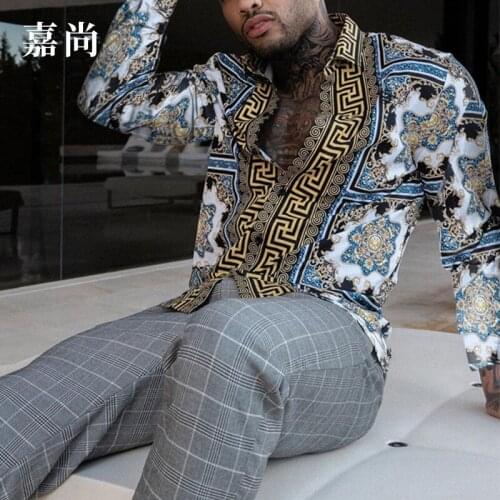 2021 Autumn New Men Vintage Oversized Shirt Ethnic Printed Turndown Collar Long Sleeve Shirts Hawaiian Striped Shirt Mens