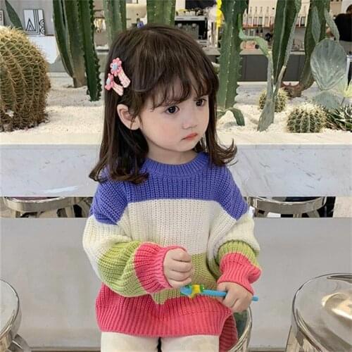 Soft Teenage Kids Sweaters Spring Winter Baby Girls Warm Tops Rainbow Thicken Knitted Bottoming Long Sleeve High Quality 2021