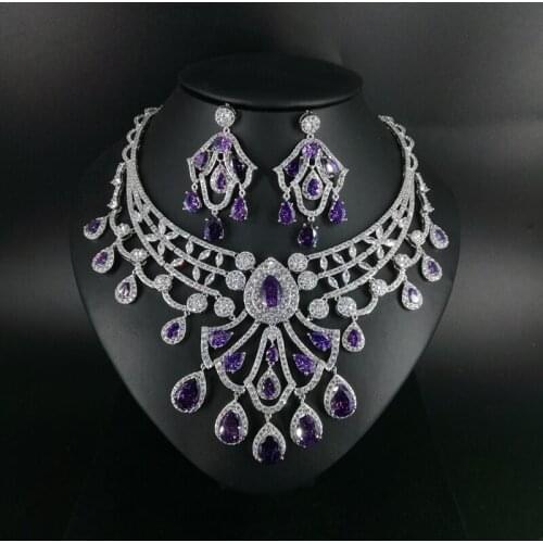 2020 new fashion ROMANTIC purple water drop zircon necklace earring set,wedding bride dinner party dress jewelry free shipping