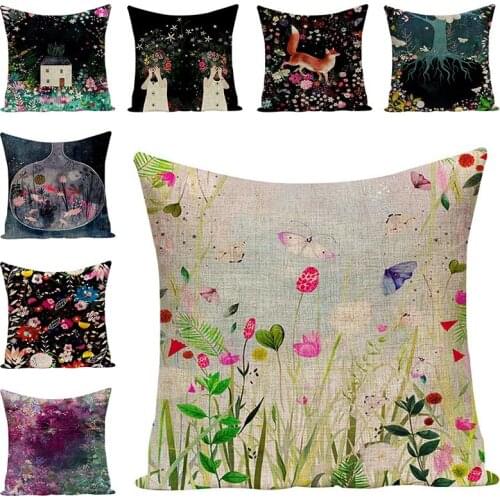 Dream Flower Pattern Animals Chair Cotton Linen Cushion Covers Plant Pillow Cases Home Decorative Pillows Cover For Sofa Decor