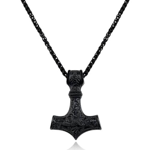 New Mjolnir The Hammer of Thor Norse Pagan Symbol Pendant Necklace Stainless Steel Double Sided Dragon Design Viking Jewelry