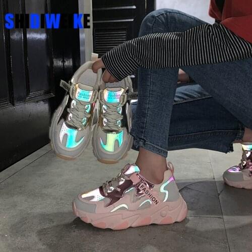 2021 Autumn Casual Shoes Women Lace Up Round Toe Vulcanize Shoes Ladies Fluorescent Mesh Breathable Platform Sneakers Size 35-40