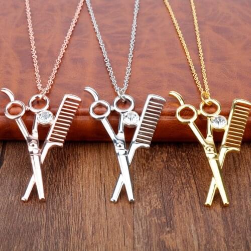 Barber Shop Hair Dresser Rhinestone Scissors Shears Pendants Necklaces accessories men Jewelry colar collares