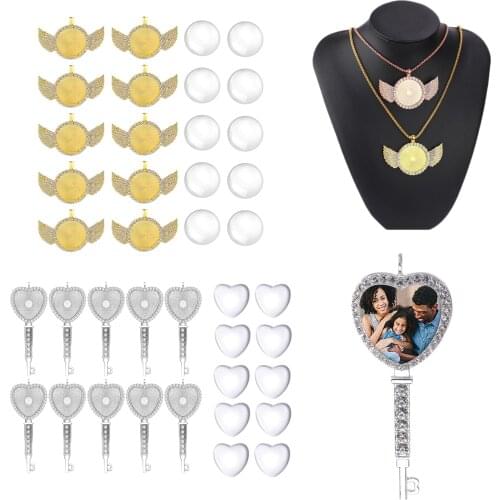 Wing Hip Hop Pendant Trays Set Bezel Trays Cabochon Pendant Setting with 10Pieces Clear Glass Cabochons Jewelry Accessory