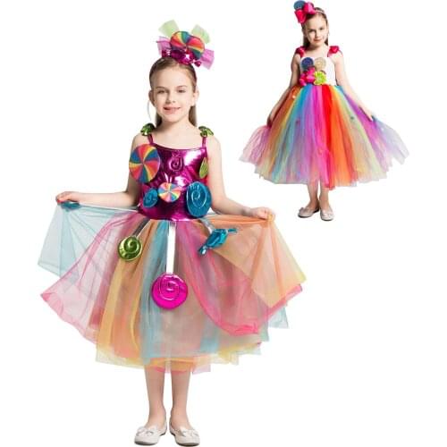 Purim Costume Sweet Candy Dress Kids Carnival Frock Child Birthday Party Gown Fancy Rainbow Tutu Dress for Girls