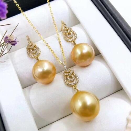 Xin yi peng real 18 k gold inlaid natural round pearl female pendant earrings suit for women fine jewelry suit AU750