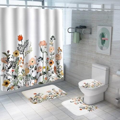 Flower Fabric Shower Curtains for Bathroom Curtain Set with Rug Anti-slip Carpet Bathtub Toilet Screen Waterproof Bathroom Decor
