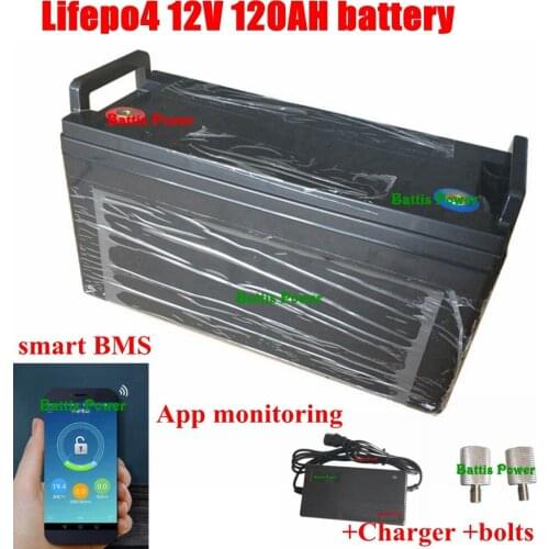 Waterproof Lifepo4 12.8V 12V 120AH lithium battery for Solar Energy System bluetooth App BMS 80A radio RV +10A Charger battis