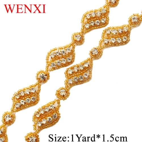 WENXI 1YARD Crystal Rhinestone Applique Sewing On stick on Bridal beaded Trim For Wedding Dress Sash belt Haed band WX881
