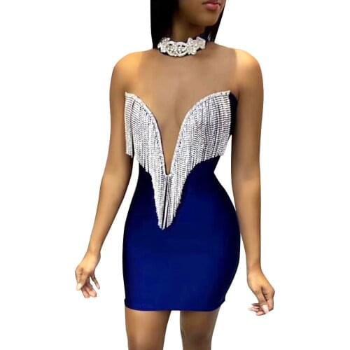 Top Quality Sexy Women Slip Bodycon V-Neck Bandage Rayon Beading Elegant Celebrity Bodycon Evening Party Dress