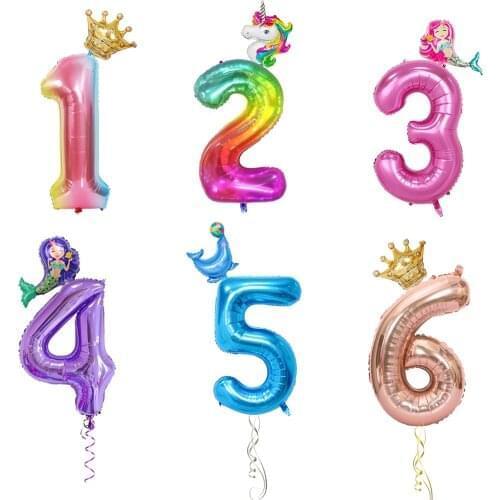 2pcs 32/40 Inch Number Foil Balloons 0-9 Digital Balloon Adult Kids Birthday Party Decor Ballons Supplies Crown Mermaid Globos