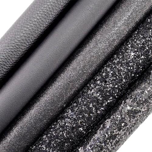5PCS/Set A4 Sheet Black Plain Dyed Chunky Fine Glitter Fabric Black Faux Synthetic Leather Fabric For Bows CN314