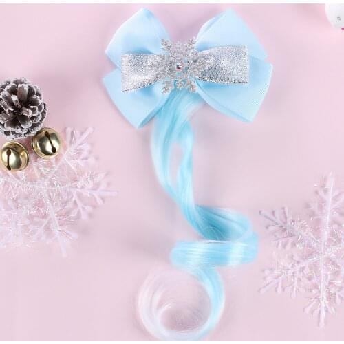 Ncmama Glitter Hair Clips with Long Wig for Girls Snowflake Bowknot Net Yarn Bow Hair Barrettes Kids Princess Hair Accessories