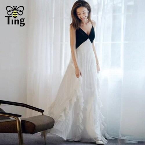 Tingfly France Street Fashion Black vs White Color Hit Summer Dress Sexy V Neck Ruffles Pleated Long Dress Vestido Party Clothes
