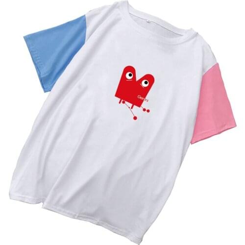 Hit Color Splicing T Shirt Women Summer Casual Harajuku Kawaii Cartoon Cancer Gemini Aries Leo Constellation Printed Cotton Tops