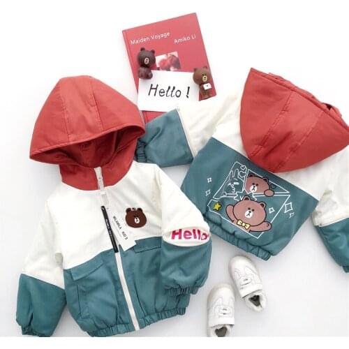 Tonytaobaby Autumn and Winter New Boys and Girls Color Matching Bear Home Clip Cotton Hooded Coat Cotton Coat