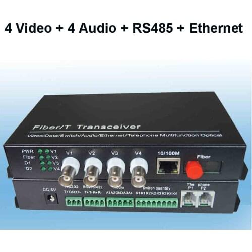 4 Video 4 Audio with RS485 Data and 10/100M Ethernet Fiber optic Media Converter, 1Pair Transmitter Receiver for CCTV System