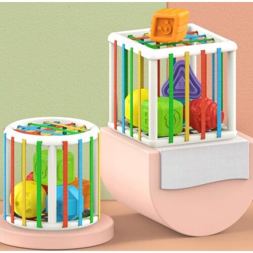 Montessori Chunky Shapes soft match Blocks Cube Box Bin Toy With Elastic Bands Colorful Sorter Shape Sorting Educational toy