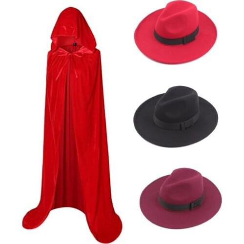 Unisex Cosplay Full Length Hooded Cloak Christmas Halloween Cosplay Costume Party Cape With 1920s Gatsby Hat