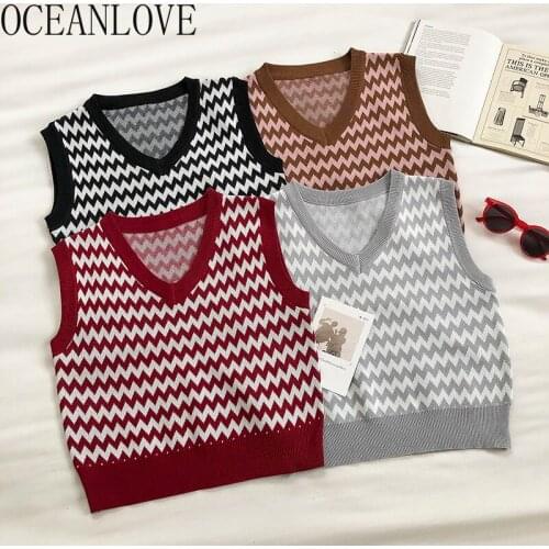 OCEANLOVE Wave Print Fashion Woman Sweaters 2021 Autumn V Neck All Match Vests Korean Vintage Winter Clothes Pullovers 19117