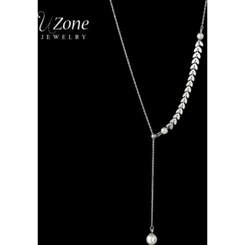 Uzone Boho Stainless Steel Wheat Shape Necklace Round Pearl Pendant Adjustable Chain Necklaces For Women Girlfriend Party Gift