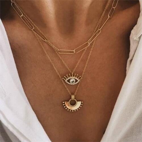 3 Pcs/Set Boho DIY Fan Shaped Skirt Eye Gem Necklaces Set Women Gold Multilayer Chain Pendant Long Necklace Fashion Lady Jewelry