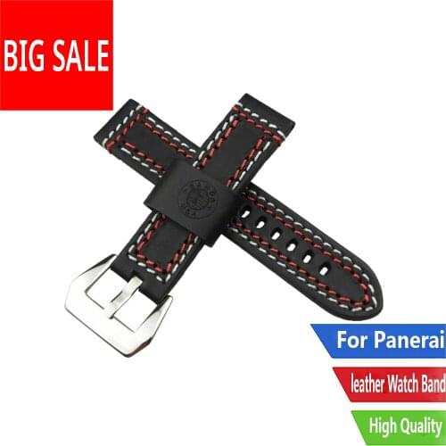 CARLYWET 22mm Black Band with Red White Stitches Real Calf Leather Thick Style Strap Wrist Watch band Belt For Panerai