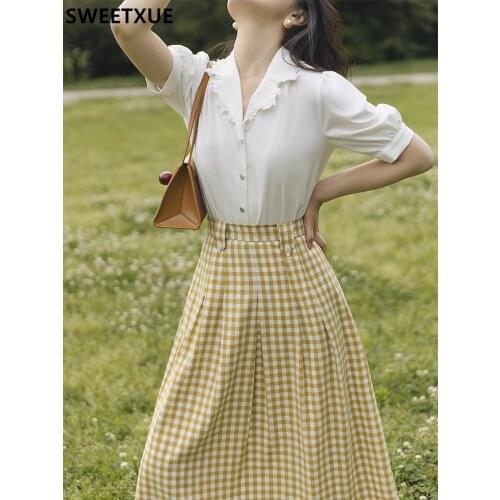 SWEETXUE Retro Shirt With Yellow Plaid Skirt Two-Piece Sets Womens Fashion Elegant 2021 Summer Outfit Ladies
