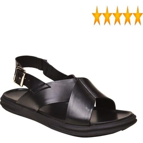 Mens New Brand Geunine Summer Leather Flat Open Toe Breathable Buckle Strap Leisure Black Male Cowhide Beach Sandals