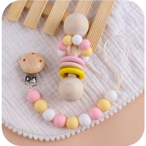 XCQGH 2Pcs/set Baby Teether Toy Wooden Rattle and Pacifier Clips Food Grade Bracelet Rattle Teether Music DIY Baby Product