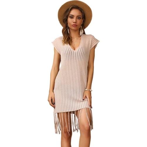 Womens Summer Swimwear Sexy Hollow Deep V Neck Fashion Knitted Tassel Short Sleeve Beach Women Sunscreen Dresses 2021femme Robe