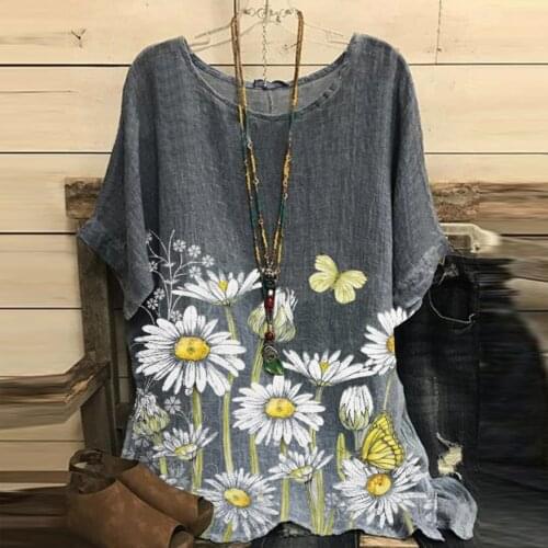 40# Vintage Butterfly Print Cotton-blend Women Blouse Plus Size O-neck Short Sleeve Top Blouse Tunic Bohemian Tops Roupas