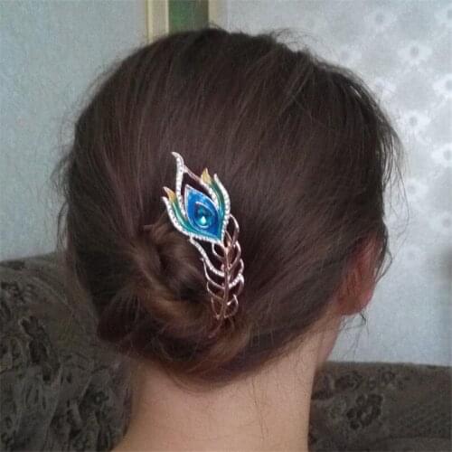Top Quality Enamel Peacock Feather Hair Combs Girls Wedding Hair Jewelry Blue Crystal Gold Color Hair Clip Hair Ornaments Gifts