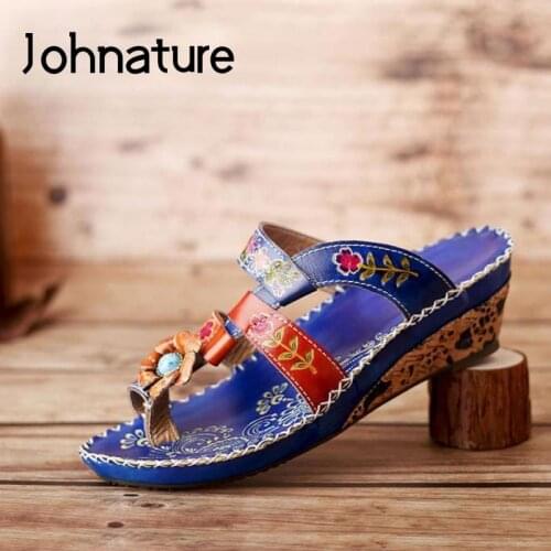 Johnature Women Slippers Summer Shoes Genuine Leather Outside Slides 2021 New Mixed Colors Wedges Handmade Ladies Slippers