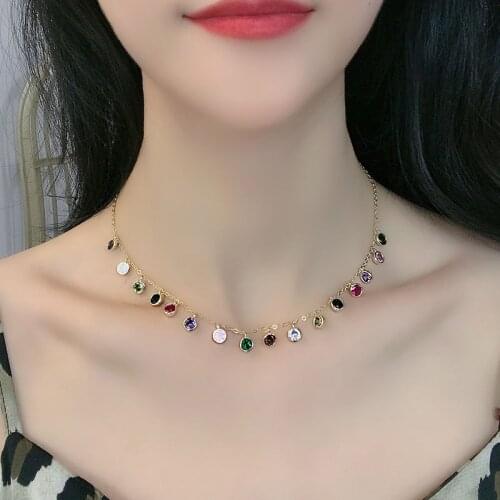 Rainbow crystal necklace for women multicolor stone round disc charm drop collar clavicle necklace summer boho dainty elegant