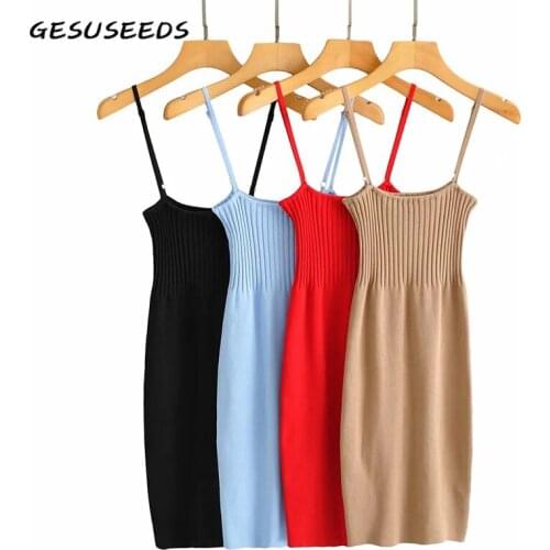 Summer dress women 2021 knitted dresses sexy spaghetti strap dress bodycon vestidos elegant solid slash neck dress black blue